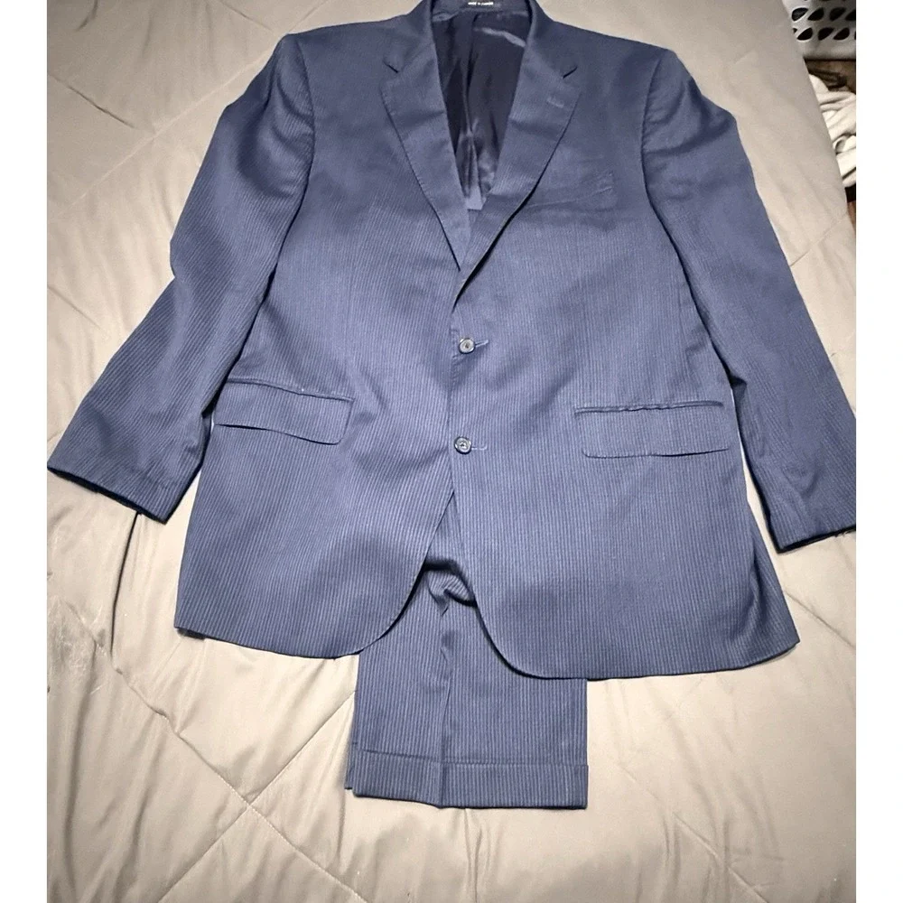 Loro Piana On The Move Performance Suite Navy Stripe‎ Wool Silk 46L 40W Cremieux
